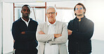 Portrait, manager or team on building site with arms crossed, pride or about us in architecture. Men, leader or engineer group with confidence, solidarity or diversity in infrastructure development.