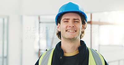 Buy stock photo Construction, portrait or man on site with helmet, developer or about us in architecture industry. Pride, space or happy engineer with ppe, confidence or contractor in infrastructure development.