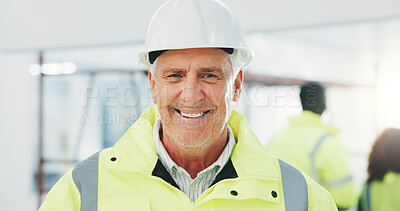 Buy stock photo Construction, portrait or man on site with ppe, developer or about us in architecture industry. Pride, happy or mature engineer with hardhat, confidence or contractor in infrastructure development.