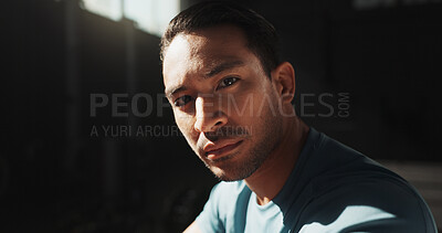 Buy stock photo Portrait, break and fitness with man in gym for workout rest, hobby and recovery as sports athlete. Exercise, health progress and training with male person in club for wellness, body builder