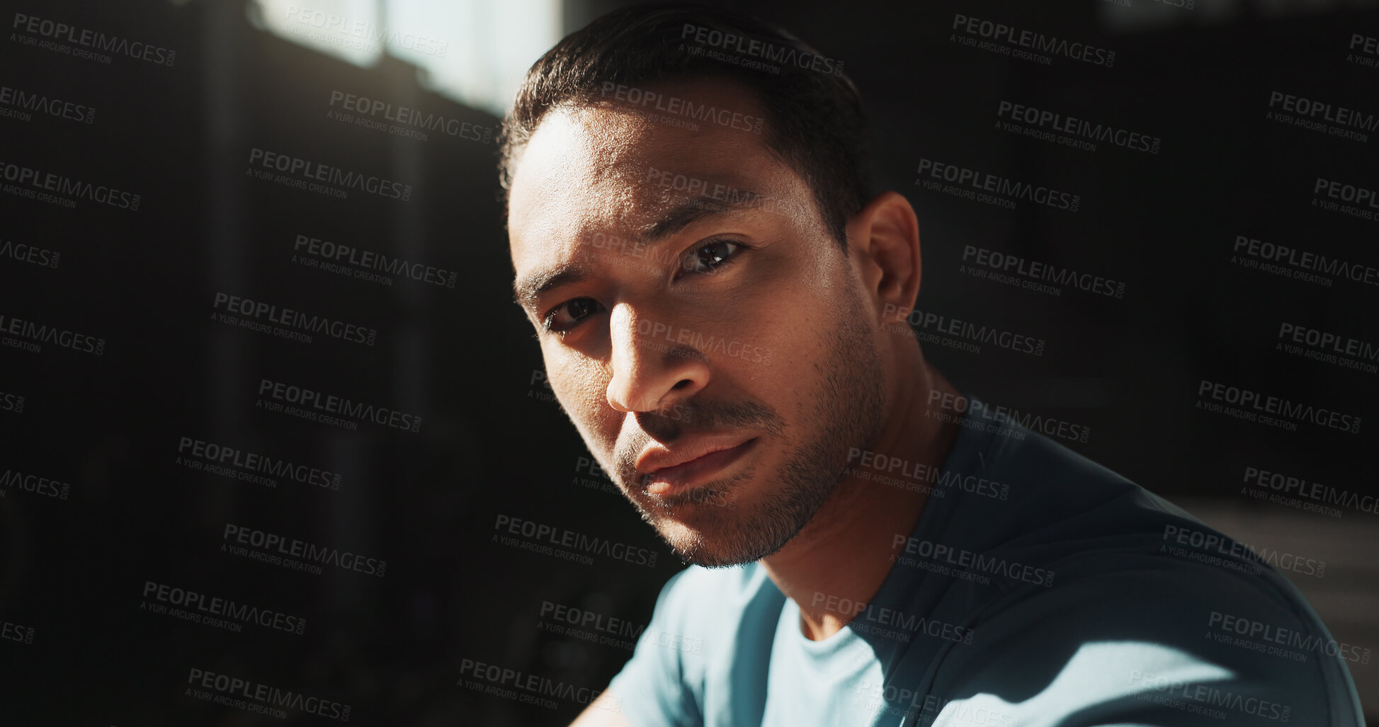 Buy stock photo Portrait, break and fitness with man in gym for workout rest, hobby and recovery as sports athlete. Exercise, health progress and training with male person in club for wellness, body builder