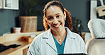 Portrait, dentist and smile at clinic with tablet, research and test results for dental care. Happy, woman and review with digital app for dentistry, appointment details and information for treatment