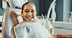 Portrait, kid and chair with smile for dentistry, appointment and satisfaction of teeth whitening. Happy, child and patient at dental clinic for checkup, cleaning mouth and treatment for oral hygiene