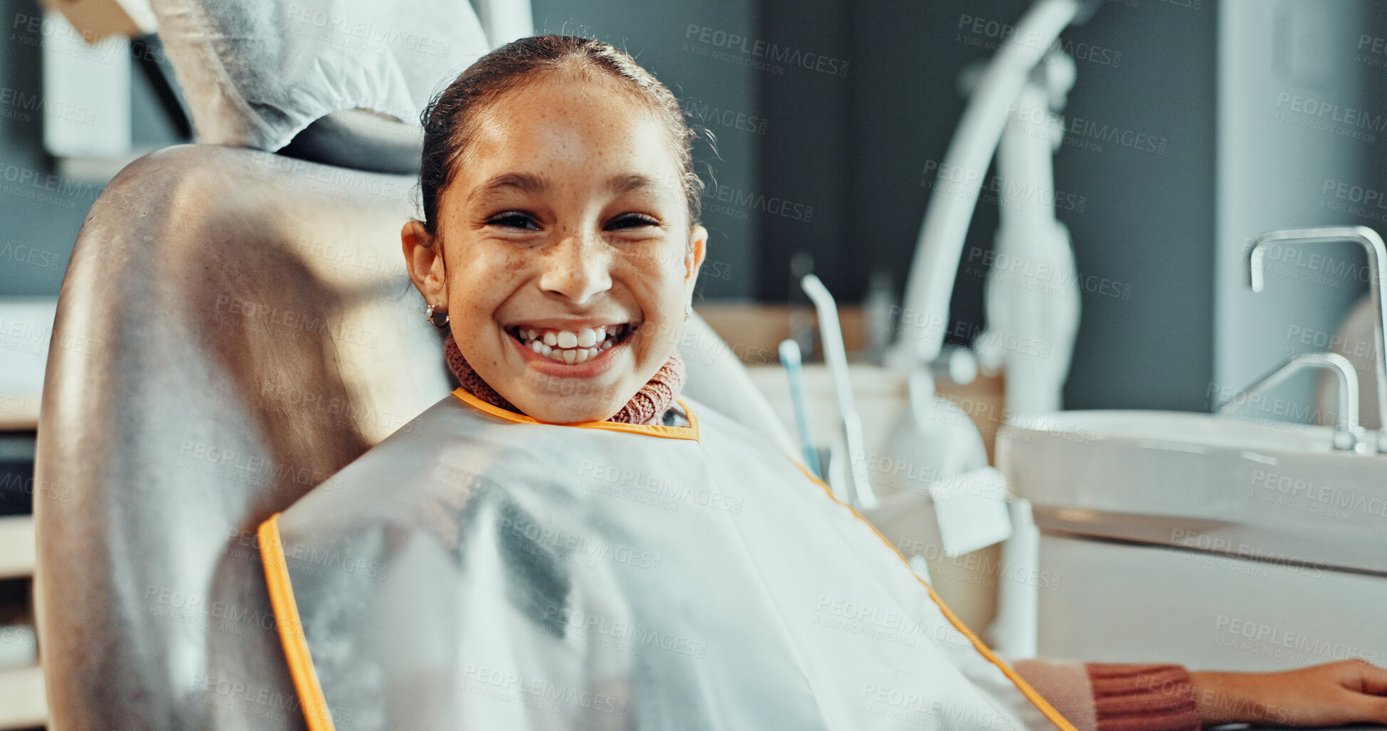 Buy stock photo Portrait, kid and chair with smile for dentistry, appointment and satisfaction of teeth whitening. Happy, child and patient at dental clinic for checkup, cleaning mouth and treatment for oral hygiene