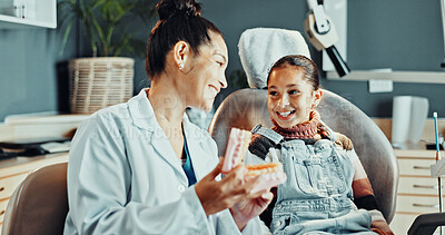 Buy stock photo Dentist, woman and tooth model with child, advice and appointment for checkup. Healthcare, explanation and consulting with happy girl kid for dental care, oral hygiene and cleaning service in clinic