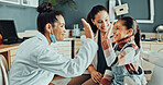 Dentist, girl and mom with high five for consultation, cleaning or gum disease for dental help. Happy, motivation and kid with woman for teeth whitening, oral care or treatment for mouth procedure