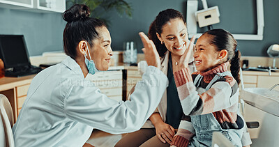 Buy stock photo Dentist, girl and mom with high five for consultation, cleaning or gum disease for dental help. Happy, motivation and kid with mother for teeth whitening, oral care or treatment for mouth procedure