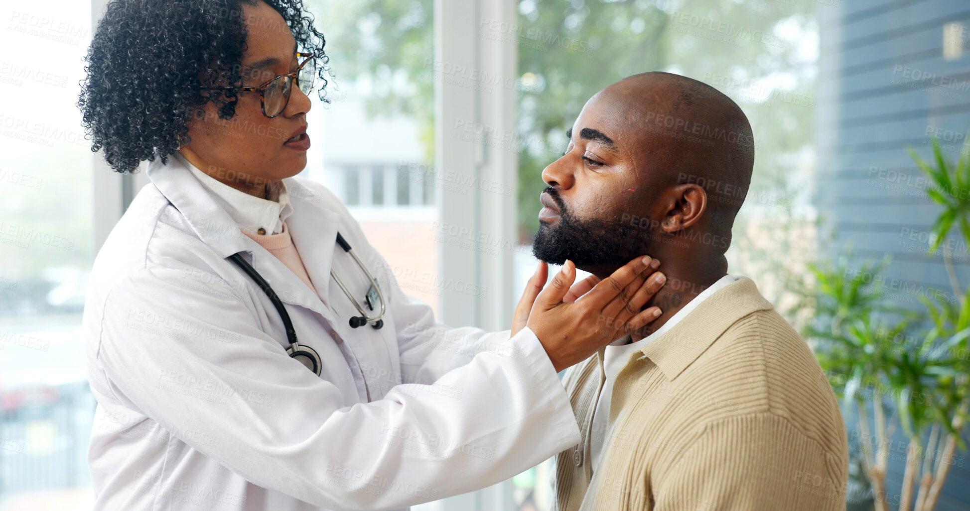 Buy stock photo Woman, doctor and patient with throat infection in hospital for examination at medical checkup. Consultation, sick and healthcare worker with man for lymph nodes check, glands or diagnosis in clinic