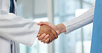Nurse, doctor and handshake for health care advice, support and congratulations in promotion. Medical worker, shaking hands and introduction with hello, welcome and collaboration for clinic team