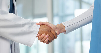 Buy stock photo Nurse, doctor and handshake for health care advice, support and congratulations in promotion. Medical worker, shaking hands and introduction with hello, welcome and collaboration for clinic team