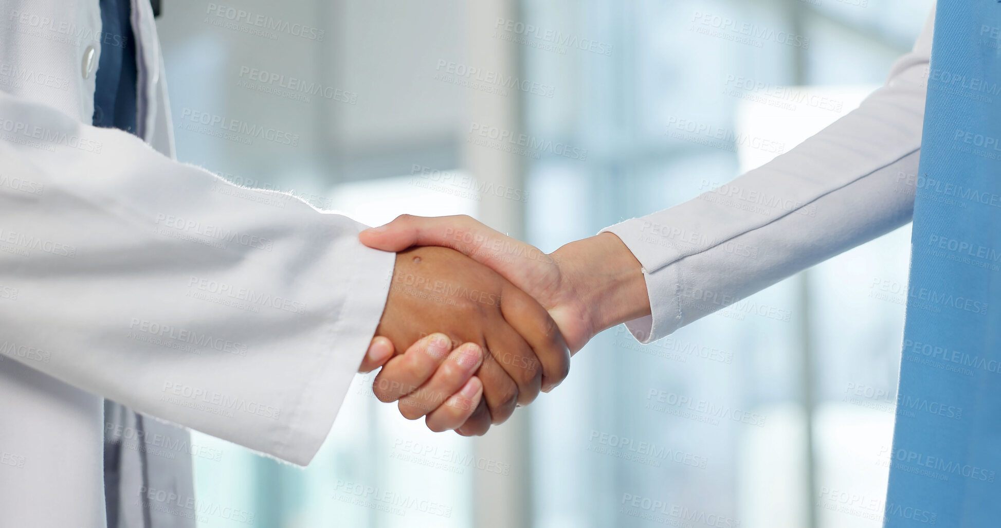 Buy stock photo Nurse, doctor and handshake for health care advice, support and congratulations in promotion. Medical worker, shaking hands and introduction with hello, welcome and collaboration for clinic team