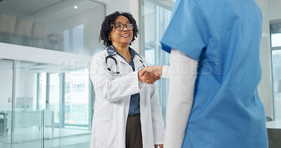 Buy stock photo Nurse, woman and handshake in hospital for doctor, support and congratulations in promotion. Medical worker, shaking hands and introduction with hello, welcome and collaboration for clinic team