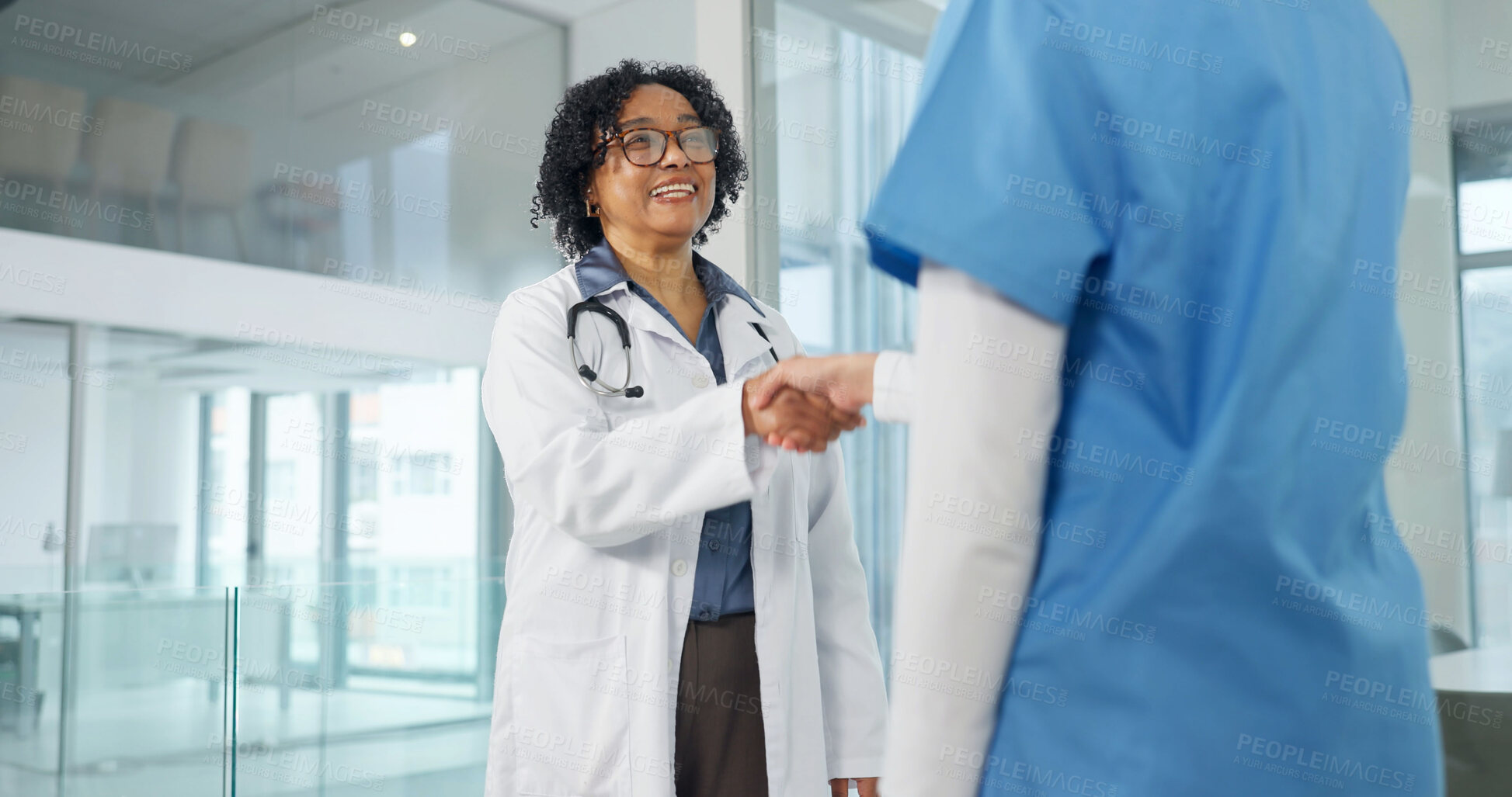 Buy stock photo Nurse, woman and handshake in hospital for doctor, support and congratulations in promotion. Medical worker, shaking hands and introduction with hello, welcome and collaboration for clinic team