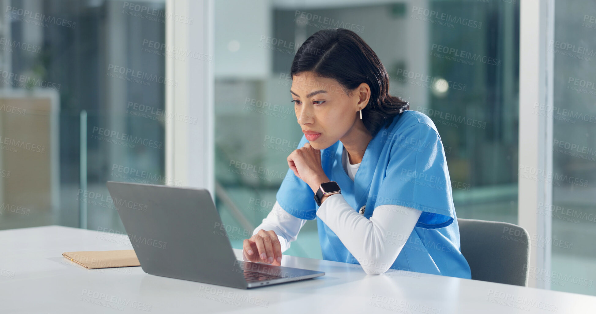 Buy stock photo Medical, thinking or woman in clinic with laptop, research or report planning on patient diagnosis. Digital, space or nurse with technology, record review or hospital insight for healthcare treatment