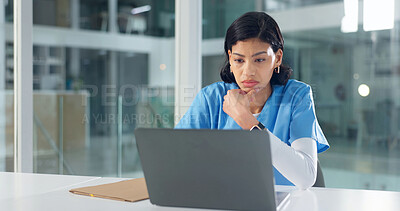 Buy stock photo Medical, thinking or woman in hospital with laptop, research or report planning on patient diagnosis. Digital, space or nurse with tech, record review or clinical insight for healthcare treatment.