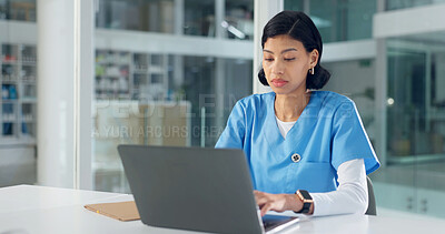 Buy stock photo Medical, research or woman in hospital with laptop, patient diagnosis or report feedback in telehealth. Healthcare, reading or nurse with tech, online consultation or record review for treatment plan