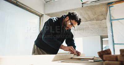 Buy stock photo Man, carpentry and sandpaper for construction with wood, restoration and furnishing for expansion. Male person, carpenter or sanding at site with timber, smooth surface and woodworking for renovation