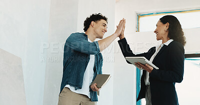 Buy stock photo High five, tablet and inspection team on site for building, maintenance or repairs in collaboration. Technology, happy people and civil engineers with planning for renovation or property development.