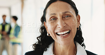 Buy stock photo Portrait, architect and woman laugh, building development and construction site manager with pride. About us, happy contractor and mature person, funny engineering professional and quality assurance