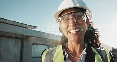 Buy stock photo Portrait, architect and woman laugh with helmet, building development and construction site manager. Tech, happy contractor or mature person with ppe, funny engineering professional or safety outdoor