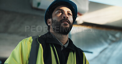 Buy stock photo Thinking, man and construction worker on site with planning, reflection or ideas for building repairs. Inspection, choice and civil engineer with decision for maintenance or property development.