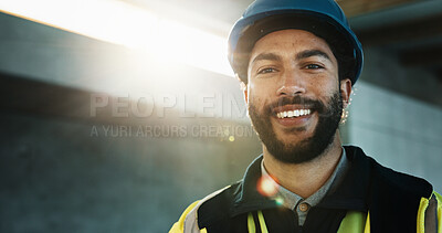Buy stock photo Happy, man and portrait of civil engineer on site with confidence for building repair. Smile, manager and construction worker with pride for maintenance, renovation or remodeling with about us