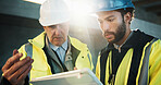 Engineer, discussion and men with tablet in building, teamwork or planning for property development. Civil engineering, people and quality assurance with tech, flare and collaboration for project