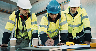 Buy stock photo Engineer, drawing and men with blueprint, teamwork or planning for property development with design. Architecture, sketch and people with paperwork, civil engineering and collaboration for project