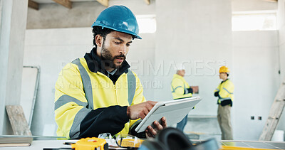 Buy stock photo Tablet, man and construction worker on site with research, communication or update on building. Digital technology, email and civil engineer with feedback on maintenance, repairs or renovation.