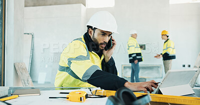Buy stock photo Construction, tablet or supervisor on site with phone call, coordination or progress track in chat. Review, man or engineer with tech, operation feedback or leader briefing in digital communication.