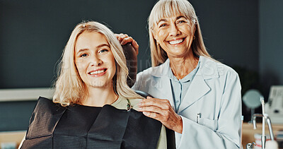 Buy stock photo Dental, portrait or women in clinic with consultation, dentistry advice or support for oral hygiene. Happy, patient or dentist with checkup, wellness guidance or treatment planning in orthodontics.