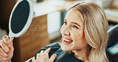 Buy stock photo Woman, happy and excited with mirror for oral hygiene, results and teeth whitening at dental clinic. Smile, patient and healthcare at orthodontist for tooth cleaning, veneers and dentist implants