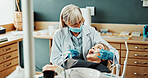 Consultation, dentist and woman in office for teeth cleaning, extraction or dental health. Medical checkup, oral hygiene and orthodontist with patient for root canal or whitening treatment in clinic.