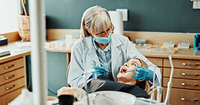 Buy stock photo Consultation, dentist and woman in office for teeth cleaning, extraction or dental health. Medical checkup, oral hygiene and orthodontist with patient for root canal or whitening treatment in clinic.