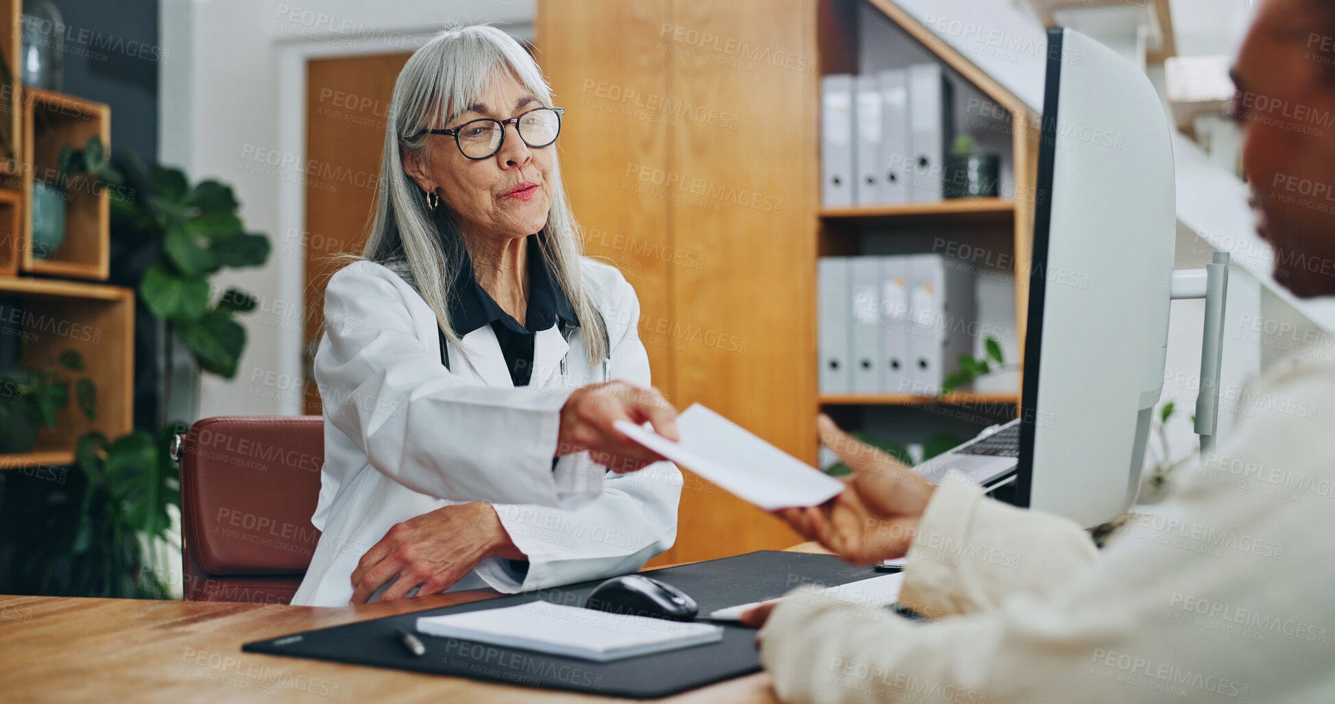 Buy stock photo Doctor, patient and letter in office for prescription, diagnosis or discussion for checkup results. Healthcare, people and talk with medical certificate, referral or recommendation for second opinion