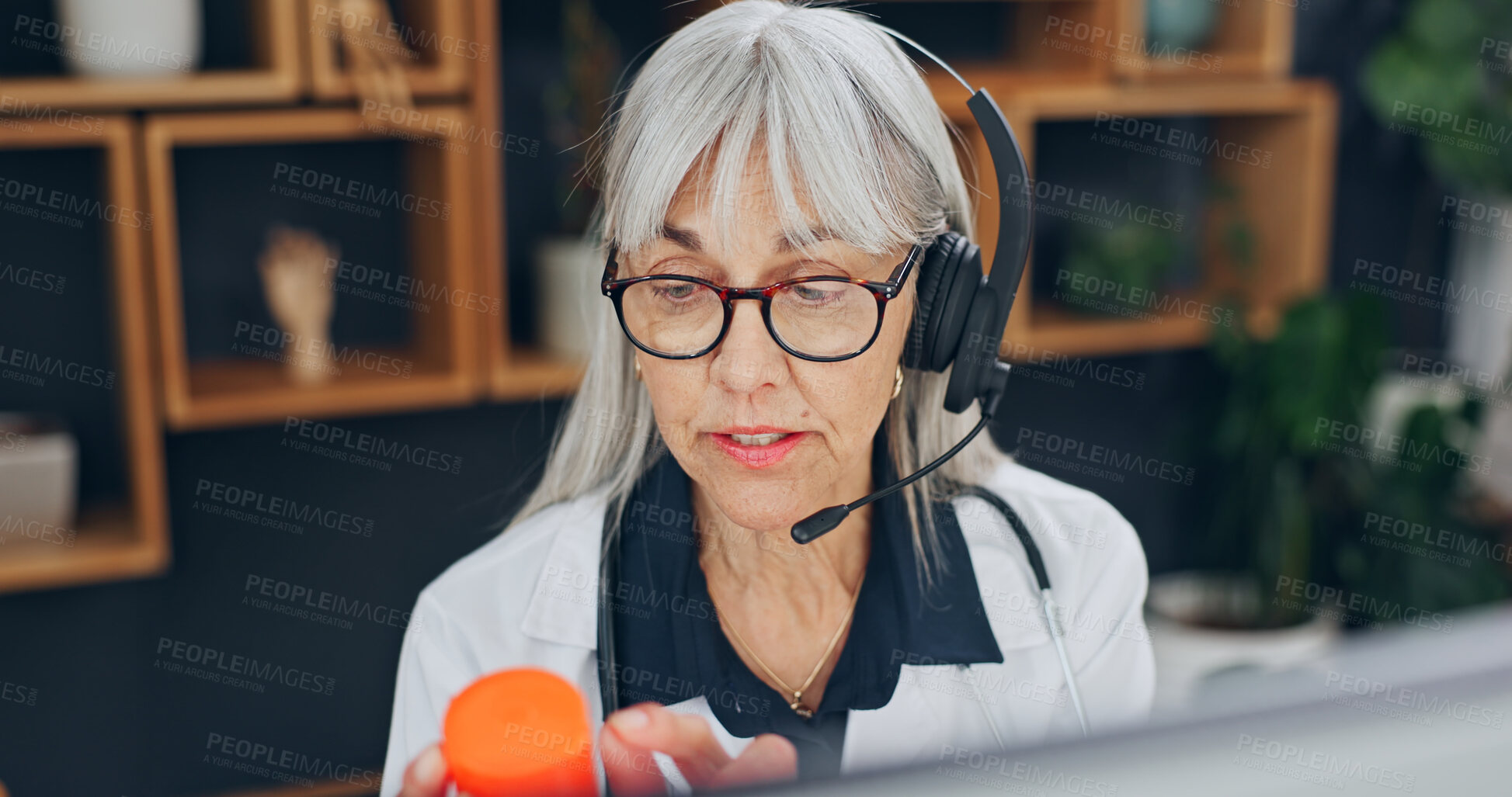 Buy stock photo Doctor, headset and woman with pills, video call and  explaining medicine side effects or healthcare. Hospital, telehealth and mature person with supplements, help and medical advice with computer