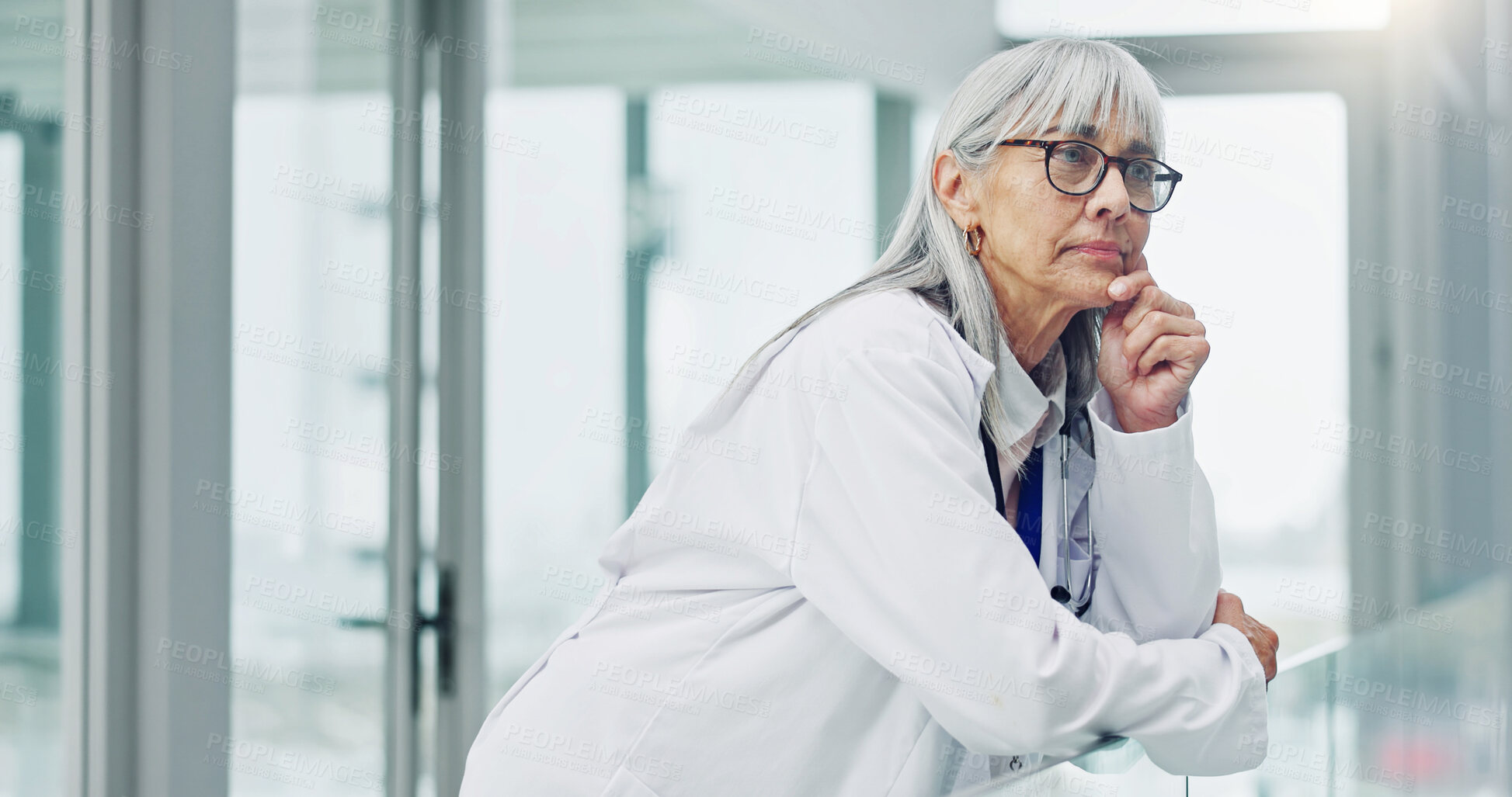 Buy stock photo Hospital, doctor and woman with glasses, thinking and contemplating medical decision and reflection. Clinic, healthcare professional and mature person with eyewear, serious or idea for treatment plan