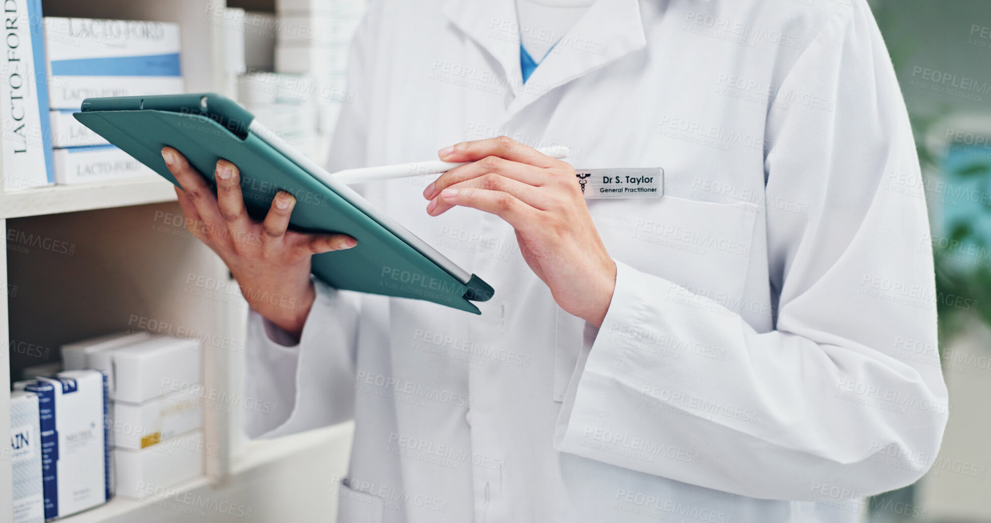 Buy stock photo Hands, pharmacist and reading at pharmacy with tablet, check stock and inventory for pharmaceutical. Person, writing and stylus at dispensary with digital, drugs checklist and telehealth information