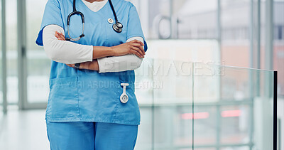 Buy stock photo Nurse, hands and confidence with arms crossed in hospital for professional healthcare service. Woman, health worker or employee with pride for medical assistance, advice or recovery center in clinic