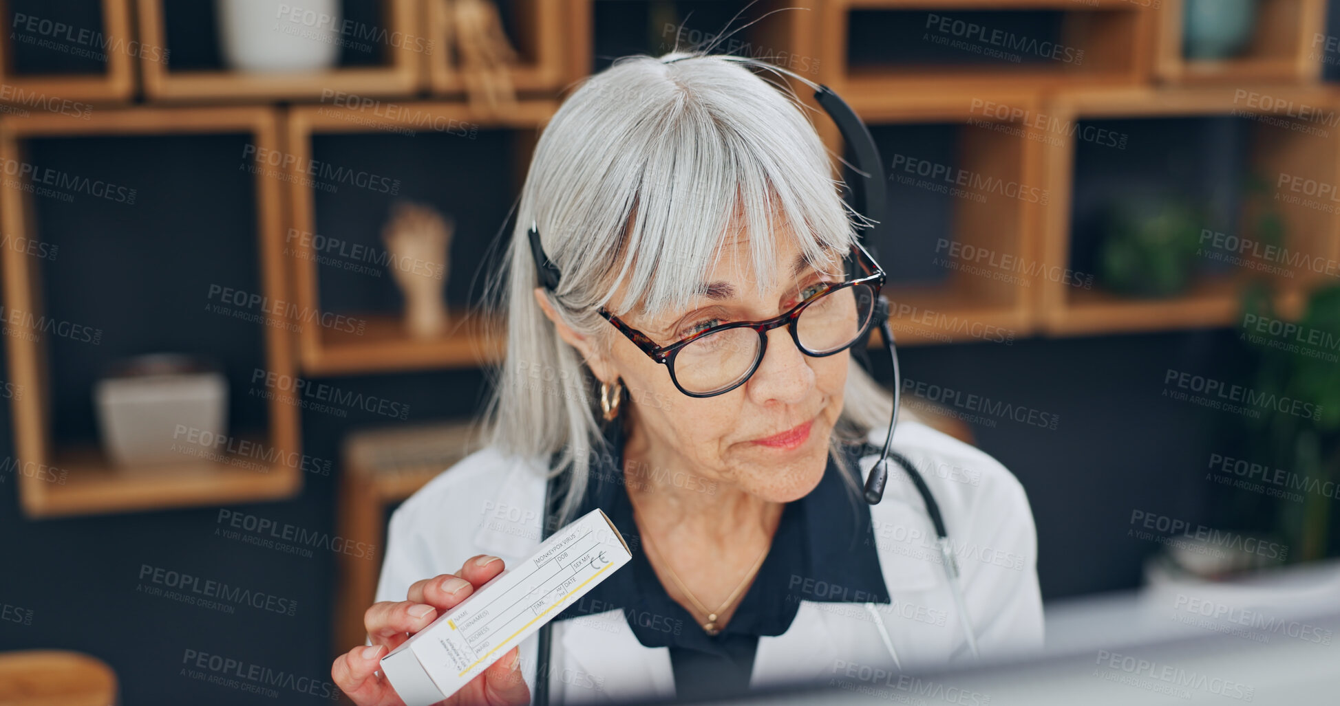 Buy stock photo Doctor, headset and woman with pills, online consultation or explain medicine side effects in clinic. Telehealth, video call and mature person with supplements, help and medical advice with computer