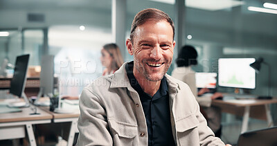 Buy stock photo Confident, portrait and businessman with smile in office, career development and financial analysis. Corporate, data analyst and mature person with laptop, graphs and happy with research in Canada