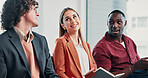 Business people, happy and interview waiting room for employment opportunity or networking. Conversation, sharing info and recruitment process in human resources with group in lobby for onboarding