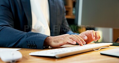 Buy stock photo Man, hands and typing at computer for business, email feedback or account management in finance. Accountant, keyboard and research in office for tax compliance schedule, information or administration
