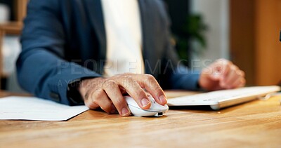Buy stock photo Man, hands and mouse at computer for business, email selection or account management in finance. Accountant, keyboard and research in office for tax compliance schedule, efficiency or administration