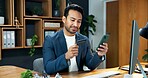Man, phone and smile with credit card for business, online banking and app for company finance. Trader, mobile and debit in office for account management, investment opportunity and stock purchase
