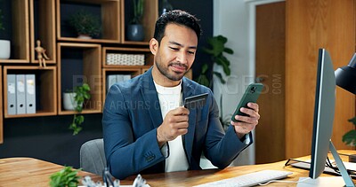Buy stock photo Man, phone and smile with credit card for business, online banking and app for company finance. Trader, mobile and debit in office for account management, investment opportunity and stock purchase