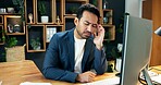 Businessman, headache and computer in office with pain, overworked and accountant in slump. Employee, finance and migraine at tech with pressure, fatigue or burnout with work stress for audit mistake