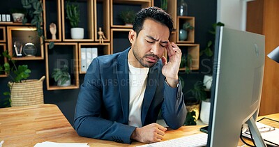 Buy stock photo Businessman, headache and computer in office with pain, overworked and accountant in slump. Employee, finance and migraine at tech with pressure, fatigue or burnout with work stress for audit mistake