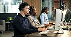 Call center, team and people with headset in office, communication or lead generation with computer. Telemarketing, agent and colleagues with technology, coworking and happy for consultation with mic