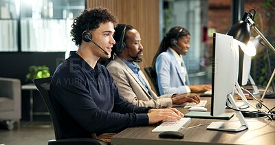 Buy stock photo Call center, team and people with headset in office, communication or lead generation with computer. Telemarketing, agent and colleagues with technology, coworking and happy for consultation with mic